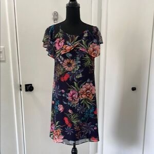 Emma & Michele Womens Navy Flower Semi-Sheer Tunic Open Shoulder Dress Sz S